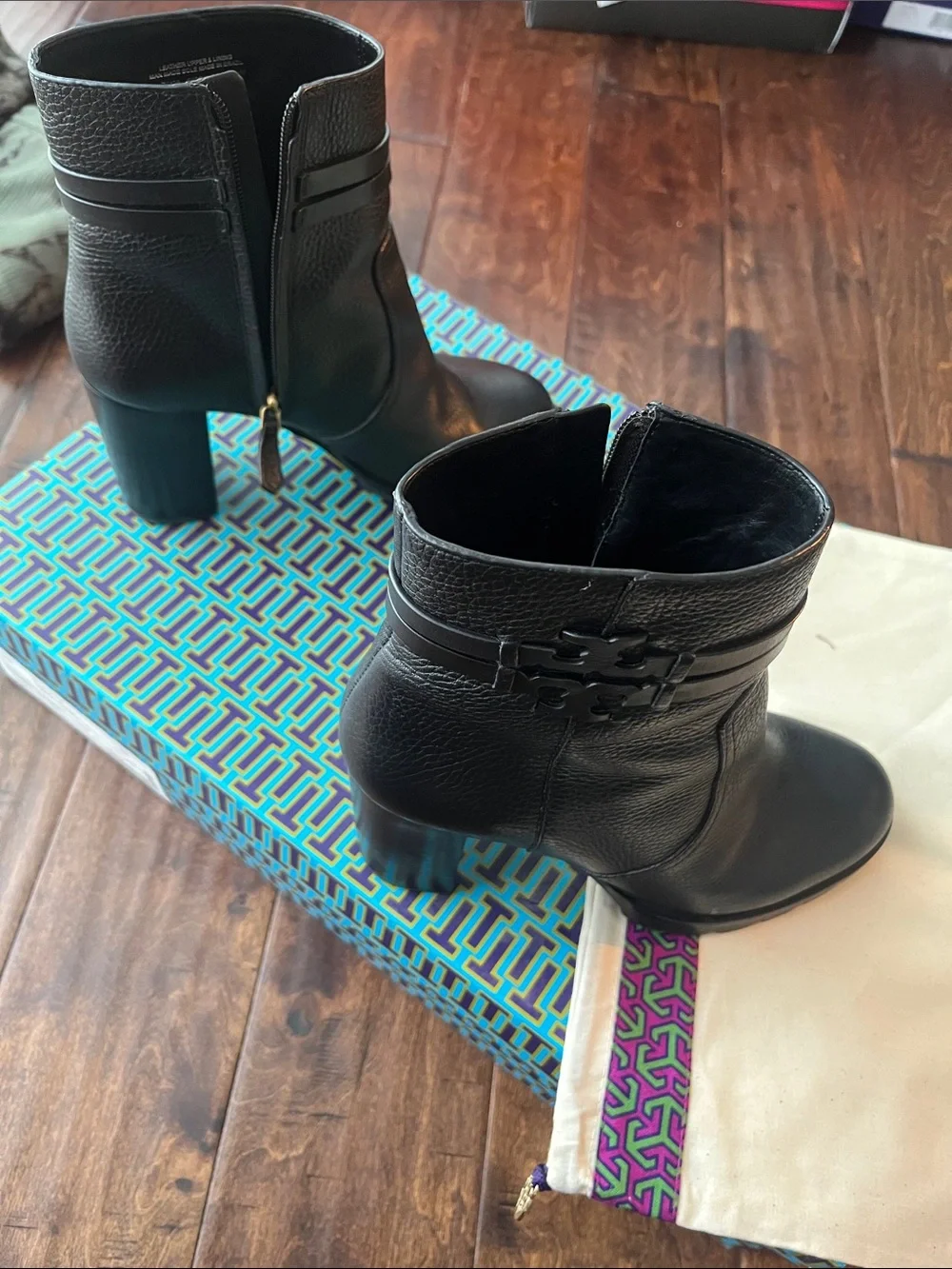 Tory Burch Black Leather Block Heel Ankle Boots with Side Zip